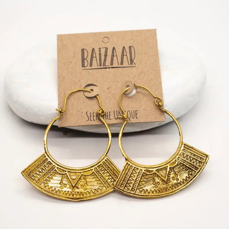 Brass Etched Fan Hoop Earrings