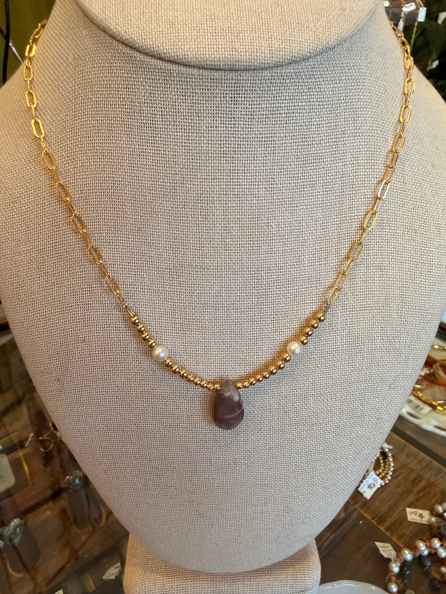 14K Gold Filled Necklace with Chocolate Moonstone & Pearls