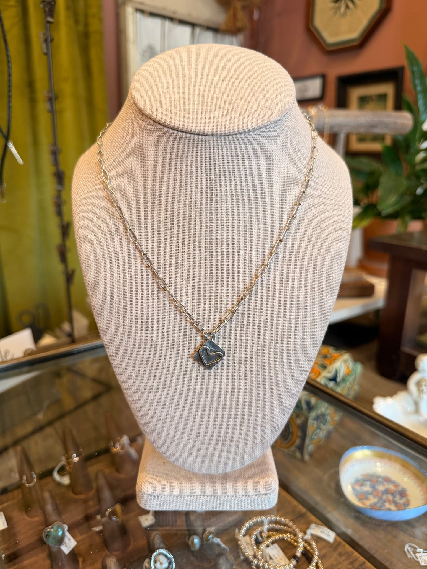 Sterling Silver Heart Necklace On Square