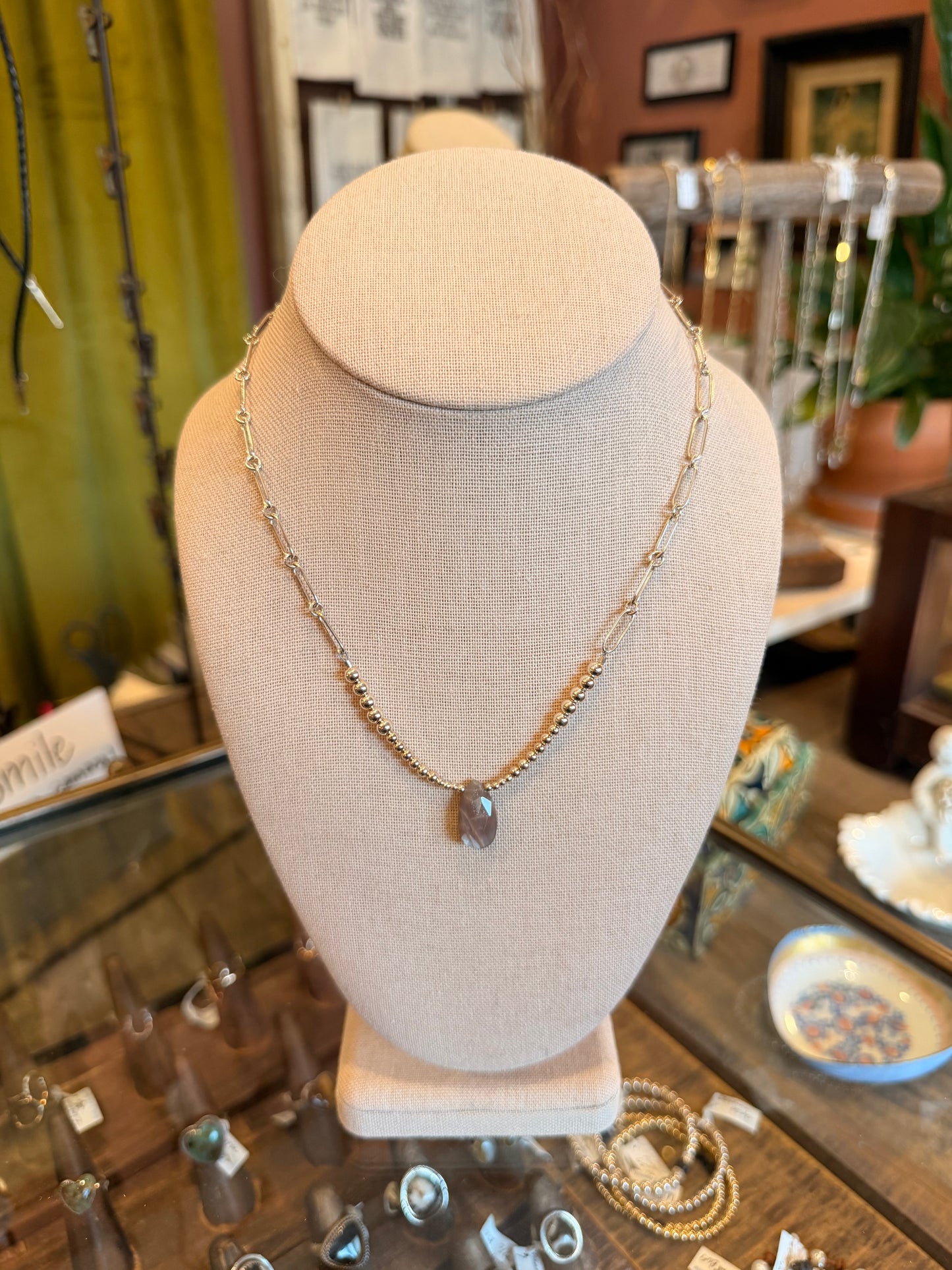 Sterling Silver Necklace With Moonstone And Sterling Silver Beads