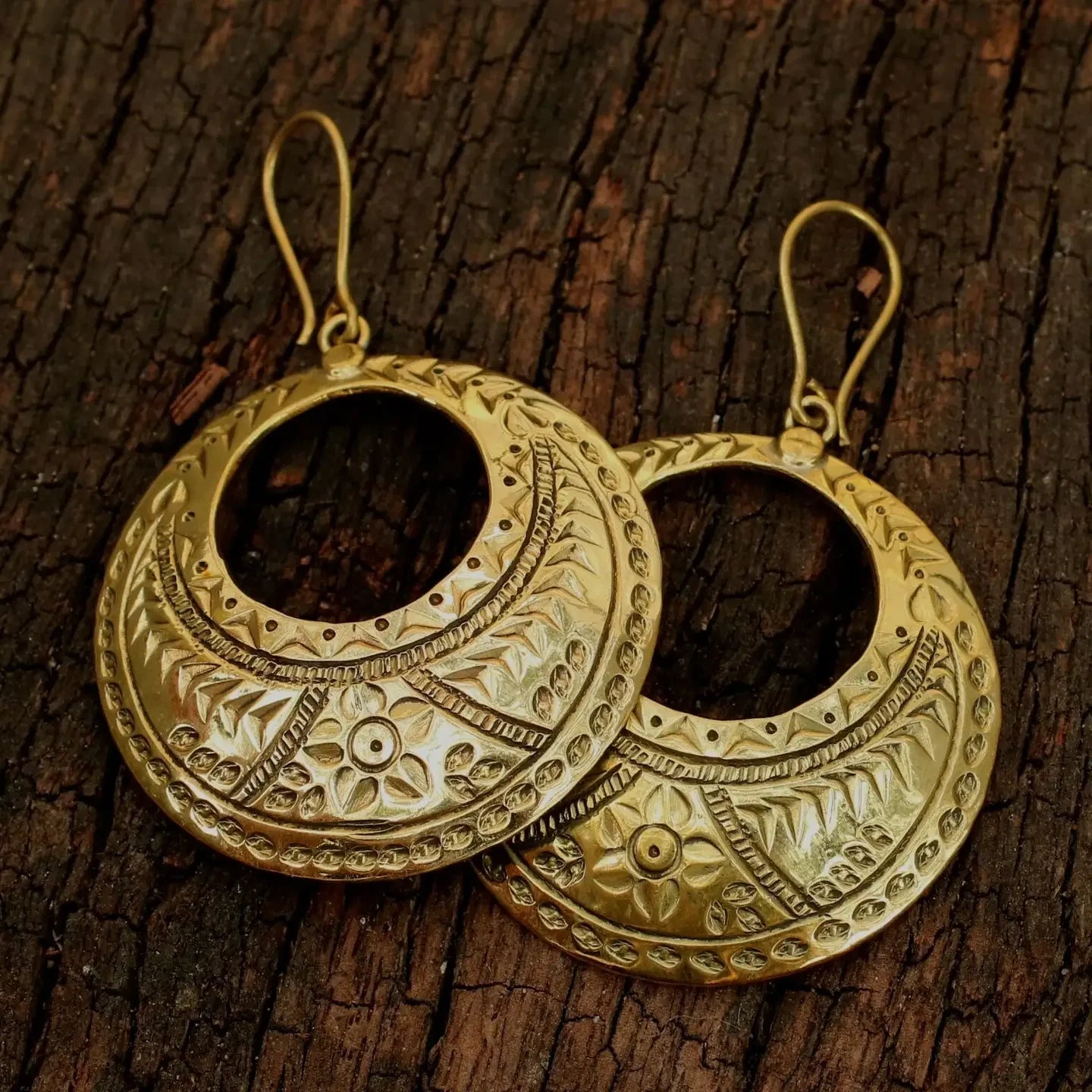 Brass Etched Moon Earrings