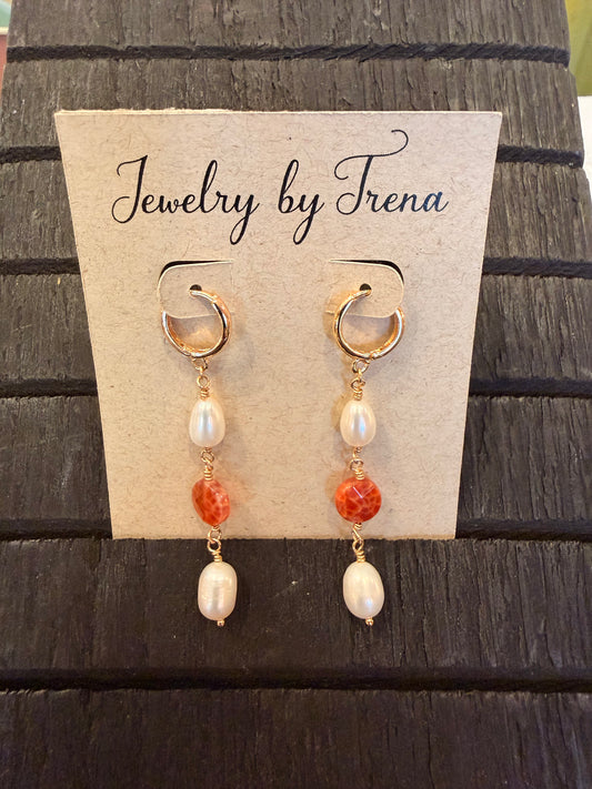 14K Gold Filled Pearl & Carnelian Earrings