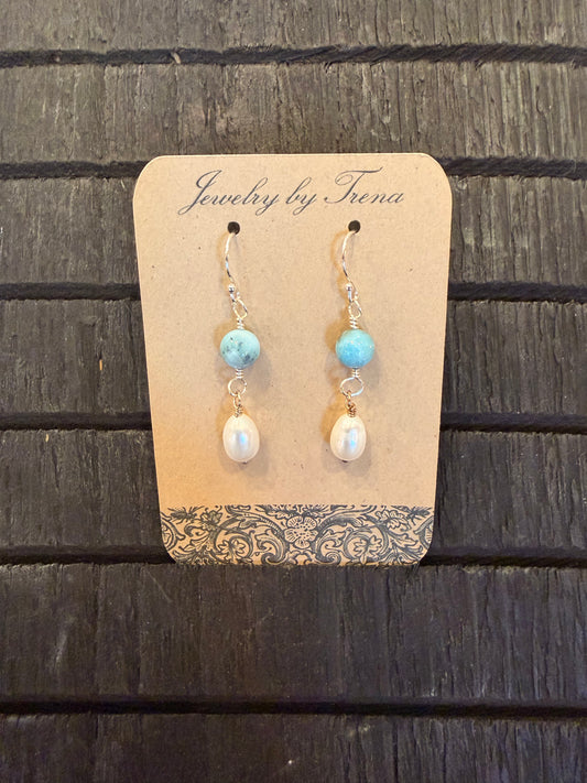 Sterling Silver and Pearl Larimar Earrings
