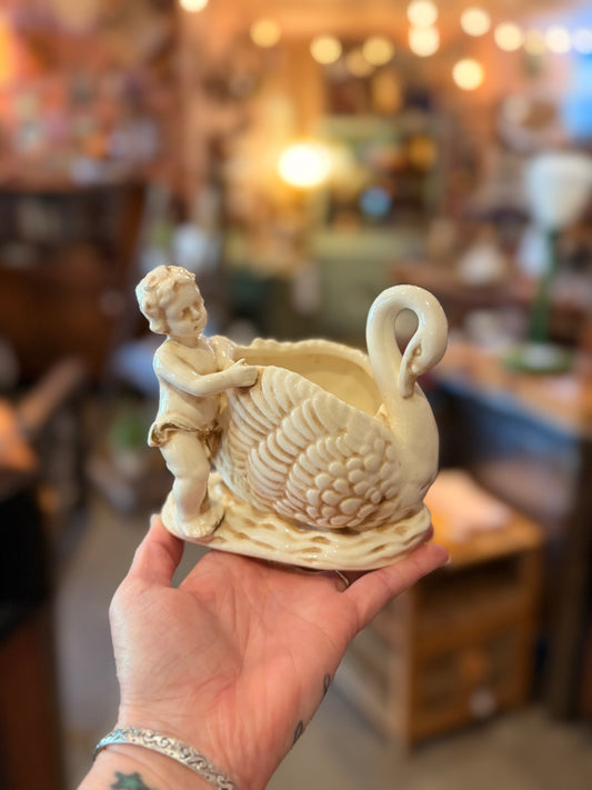 Vintage Lefton Japan Cherub & Swan Vase