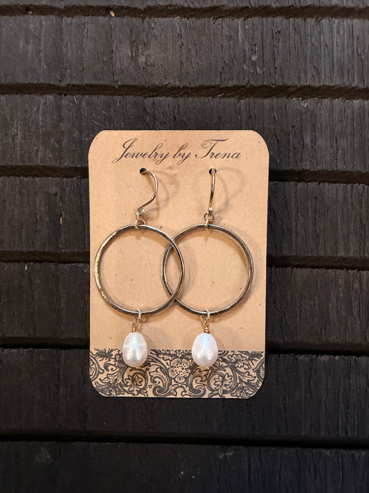 Sterling Silver Drop Pearl Hoop Earrings