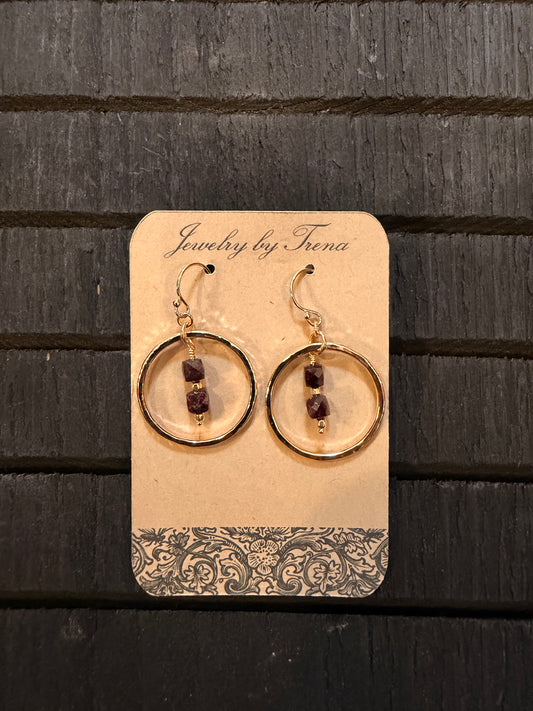 14K Gold Filled Garnet Dangle Hoop Earrings