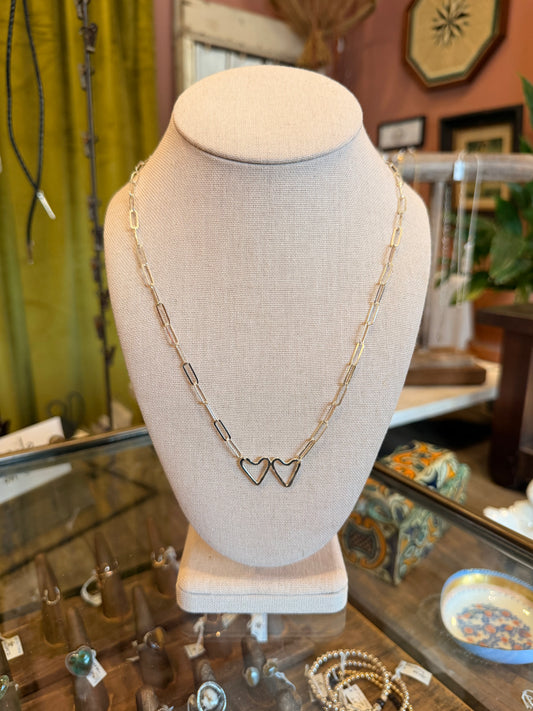 Sterling Silver Double Heart On Paper Clip Necklace