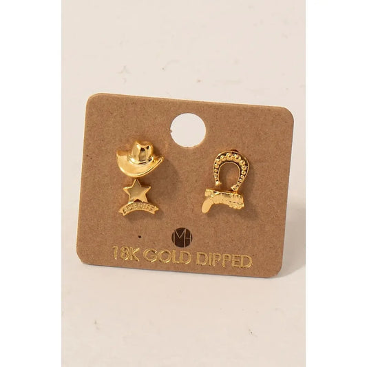 Gold Dipped Western Stud Earring Set Assorted